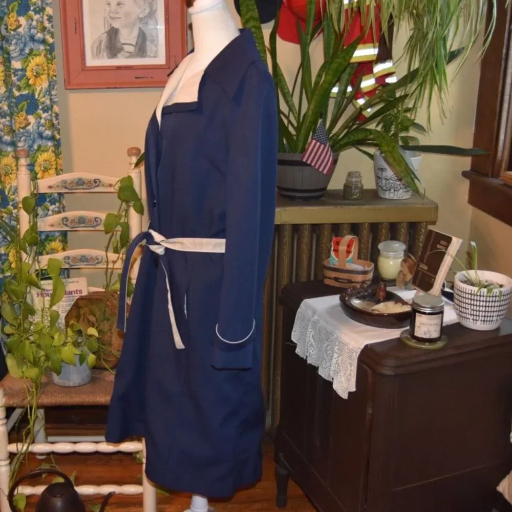 Vintage 1970s Jerold Raincoat Midi Length Navy Blue White Lining Size Large